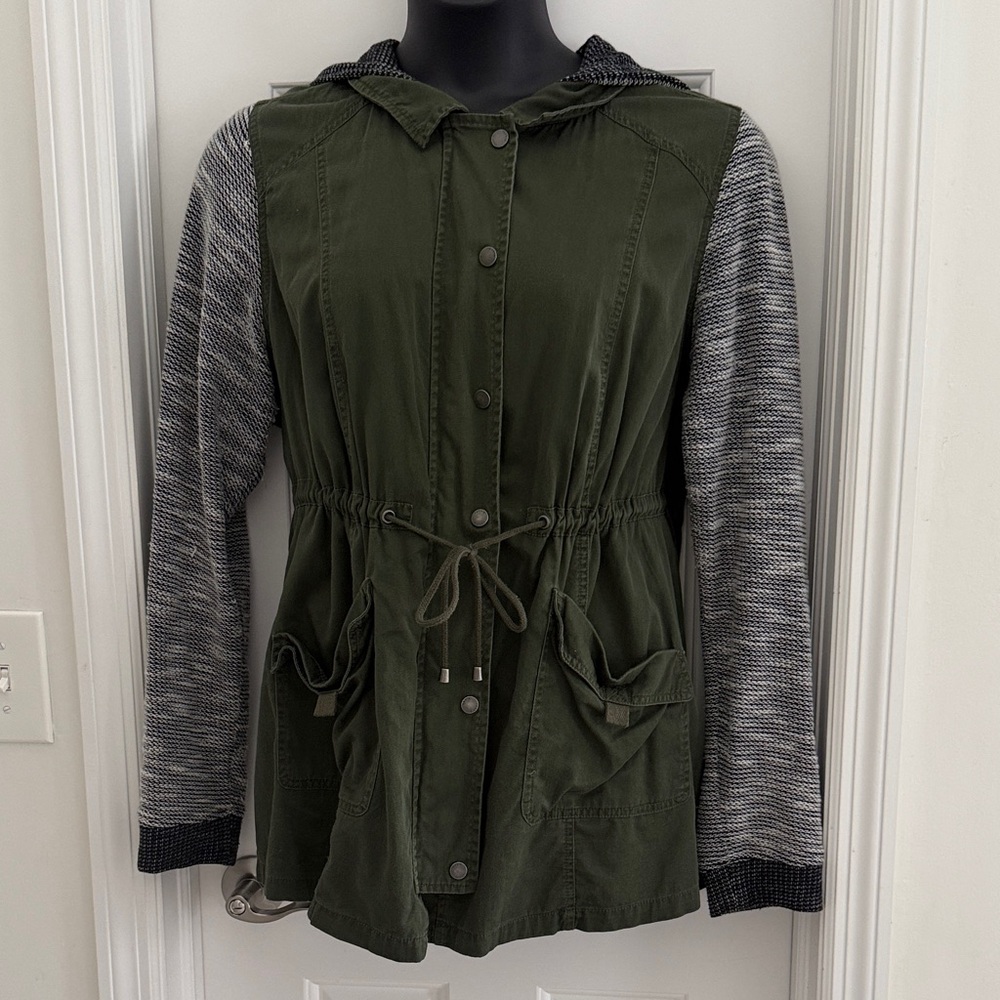 Torrid Olive Green Hooded Anorak Jacket with Gray Knit Sleeves